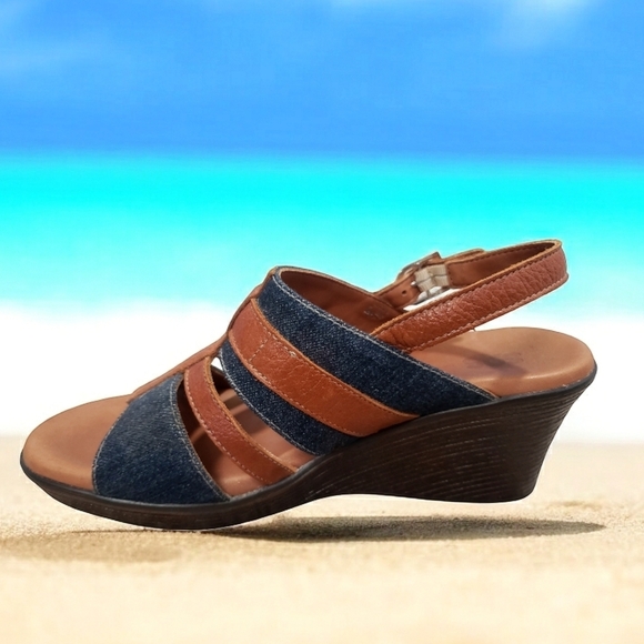 SAS Sandal Womens 8.5 Blue Jean Wedge Strappy Heels Comfort Brown Casual Shoes - Picture 6 of 14